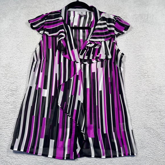 Y2K Worthington Ruffle Button Blouse Women S Striped Sleeveless‎ Purple Black - Picture 1 of 7